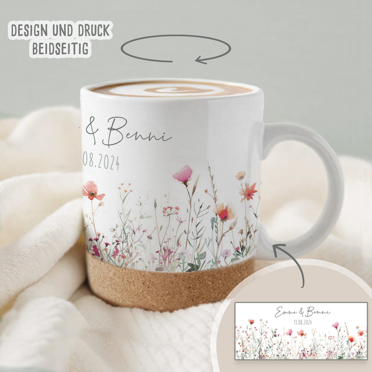 Personalisierte Tasse mit Korkboden und Deckel "Hochzeit"