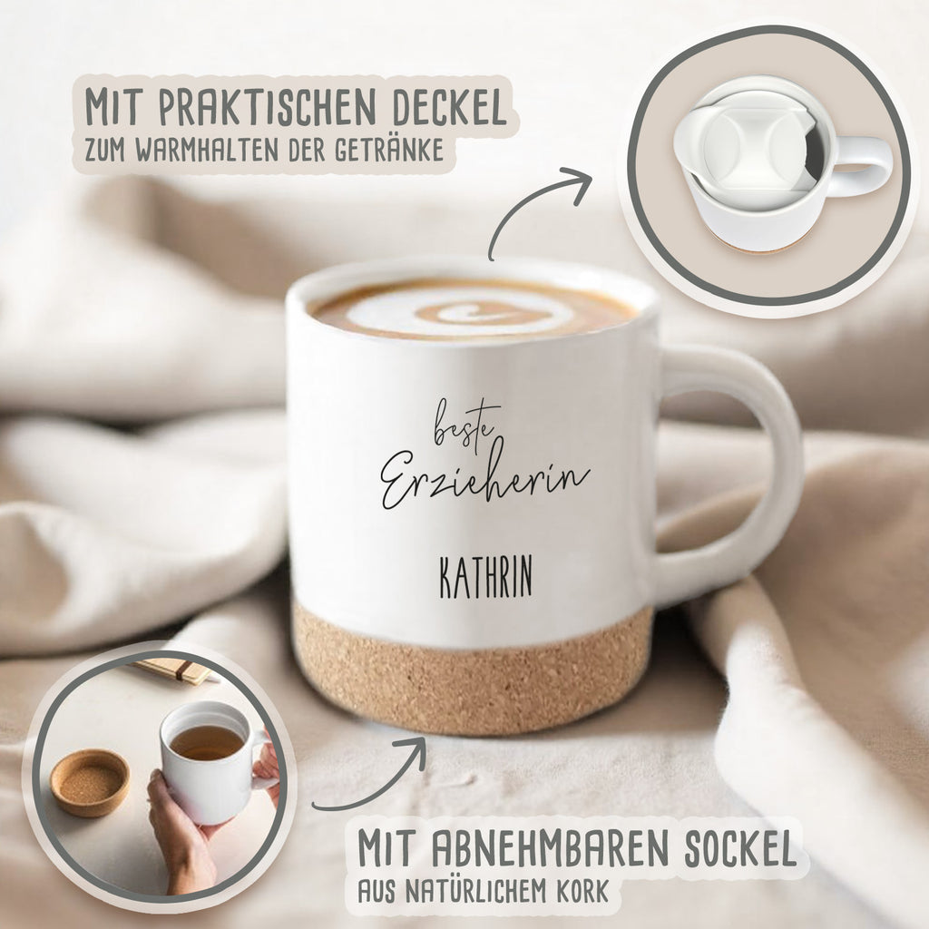 Keramik-Tasse mit Korkboden & Deckel „Name“ personalisiert Druck