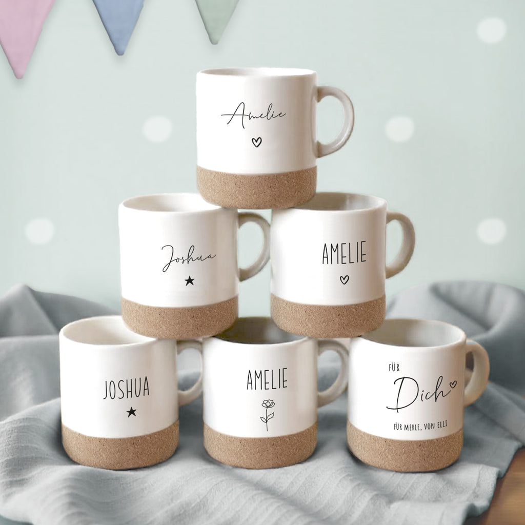 Keramik-Tasse mit Korkboden & Deckel „Name“ personalisiert Druck