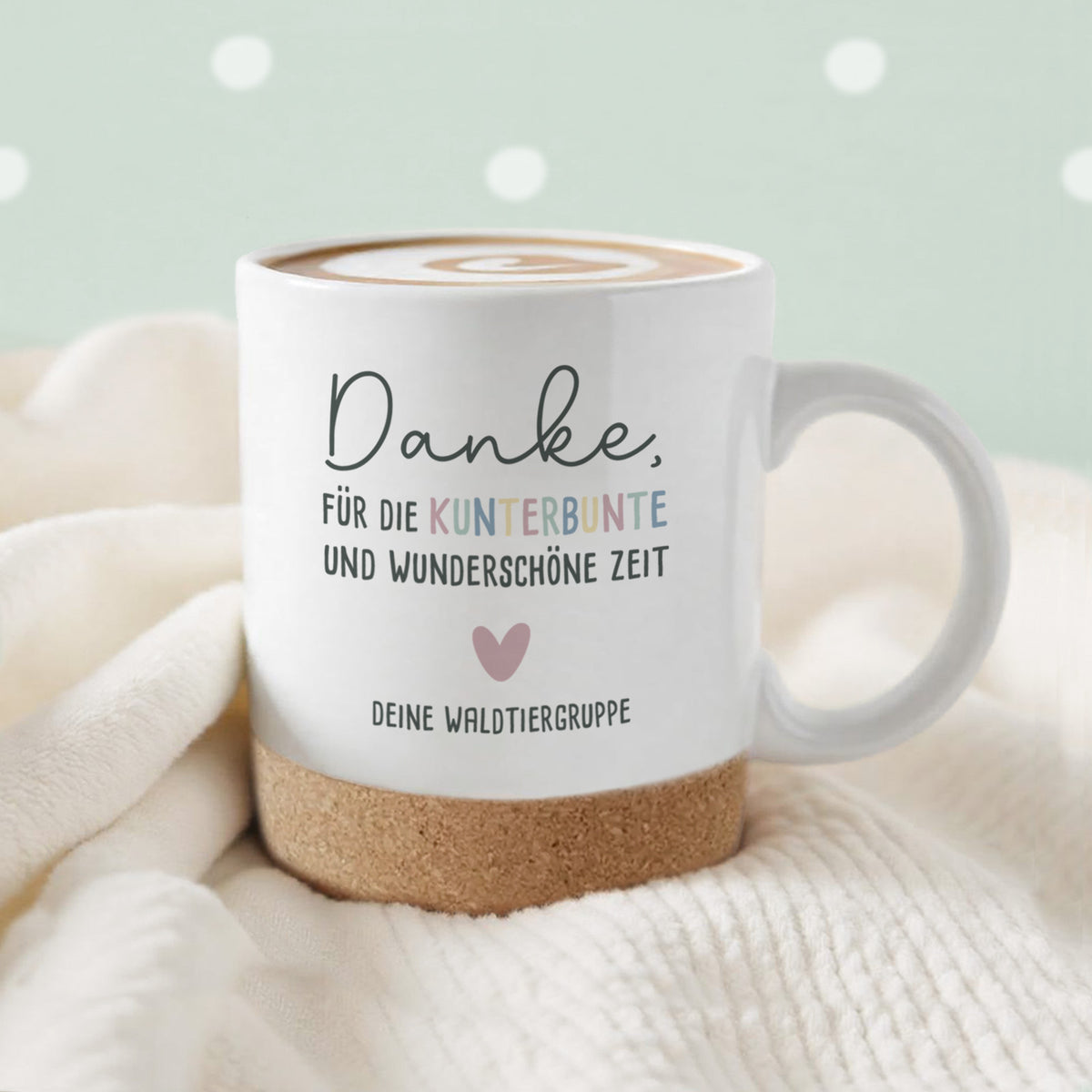 Personalisierte Tasse mit Korkboden und Deckel "Dankeschön" als Abschiedsgeschenk