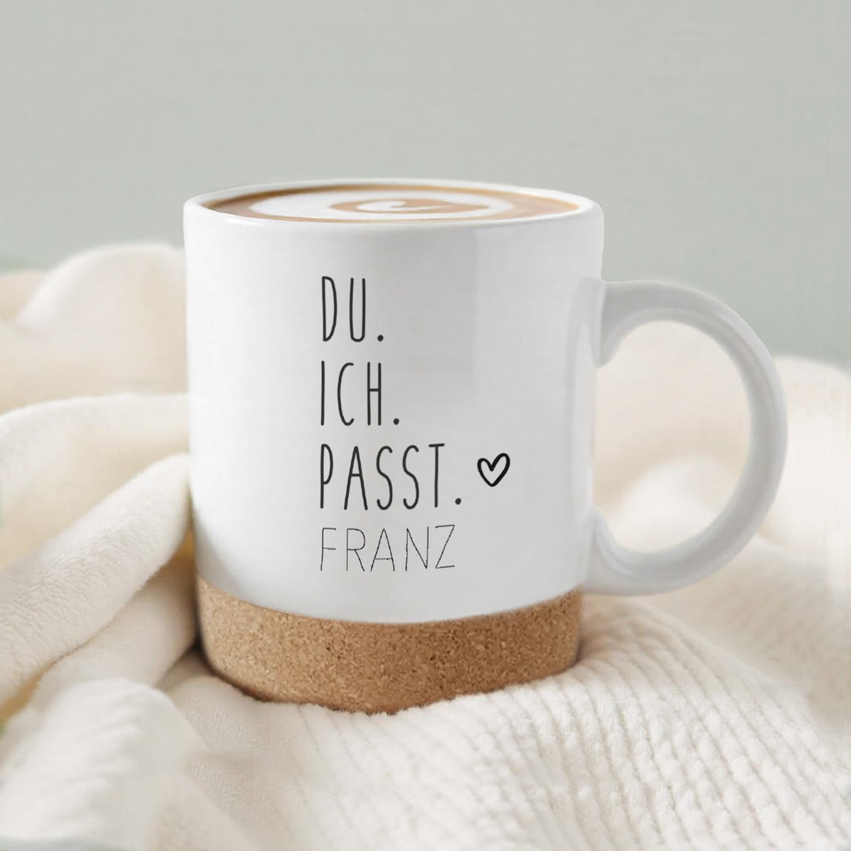 Personalisierte Tasse mit Korkboden und Deckel "Hochzeit"