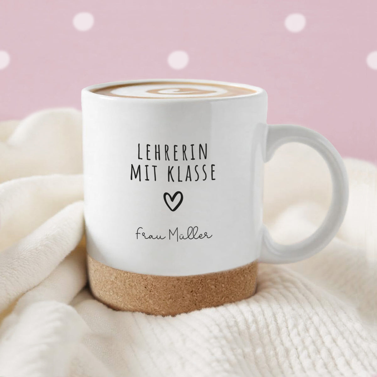 Personalisierte Tasse mit Korkboden und Deckel "Dankeschön" als Abschiedsgeschenk