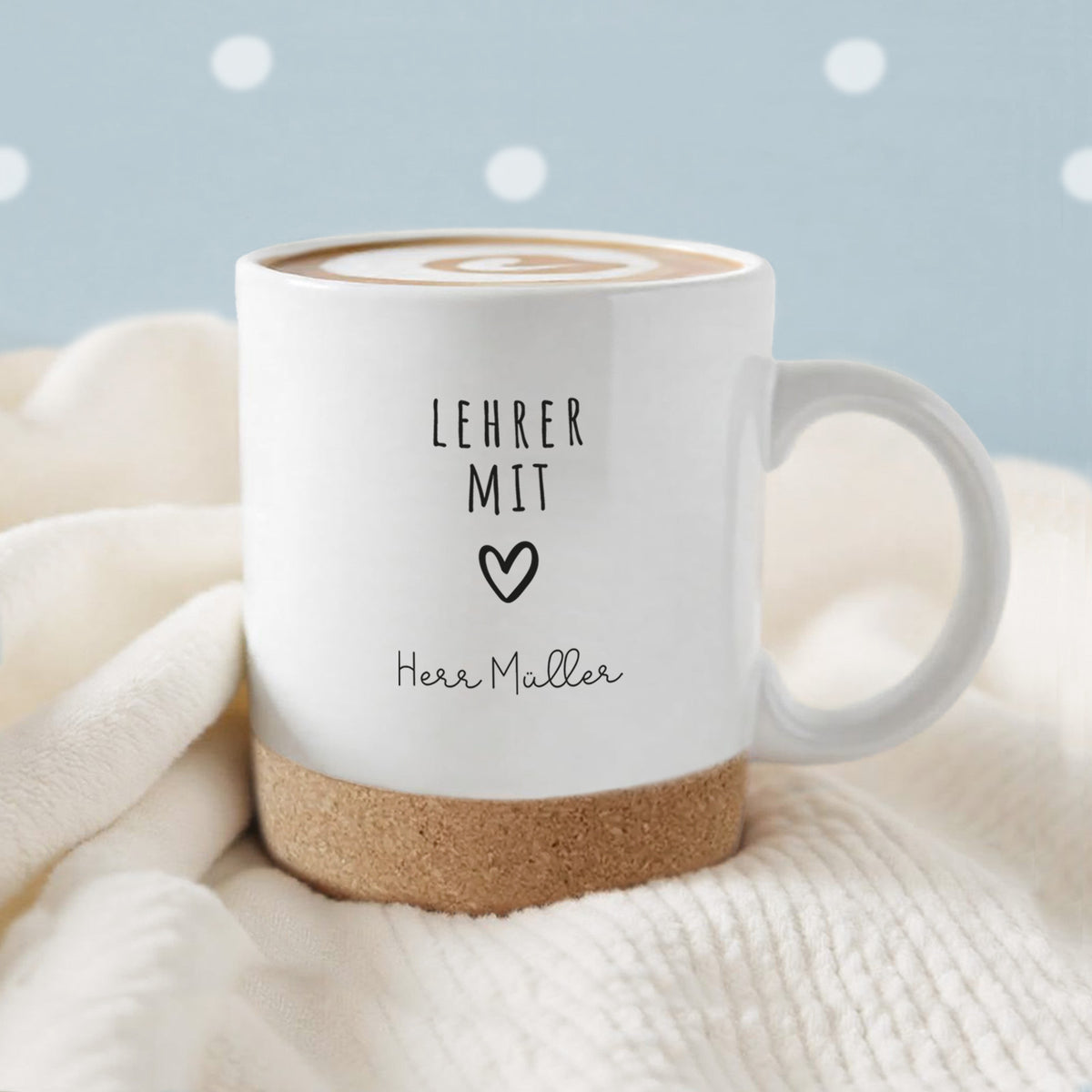 Personalisierte Tasse mit Korkboden und Deckel "Dankeschön" als Abschiedsgeschenk