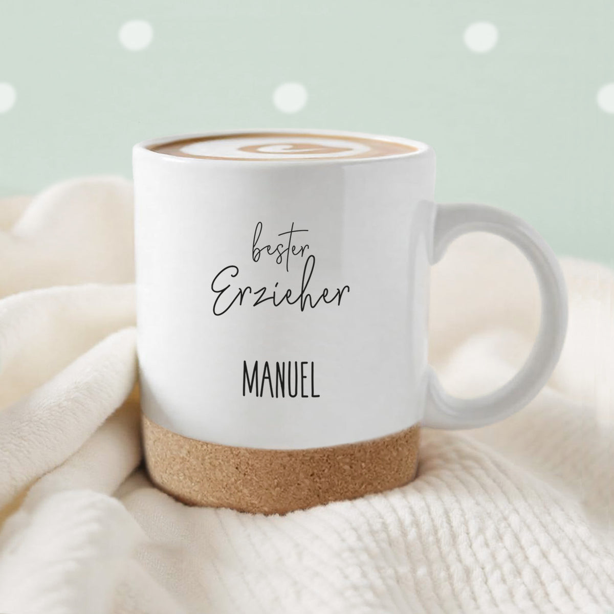 Personalisierte Tasse mit Korkboden und Deckel "Dankeschön" als Abschiedsgeschenk