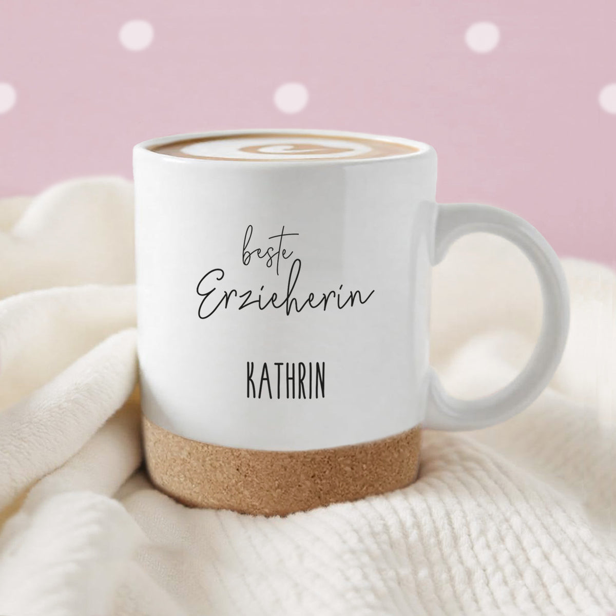 Personalisierte Tasse mit Korkboden und Deckel "Dankeschön" als Abschiedsgeschenk