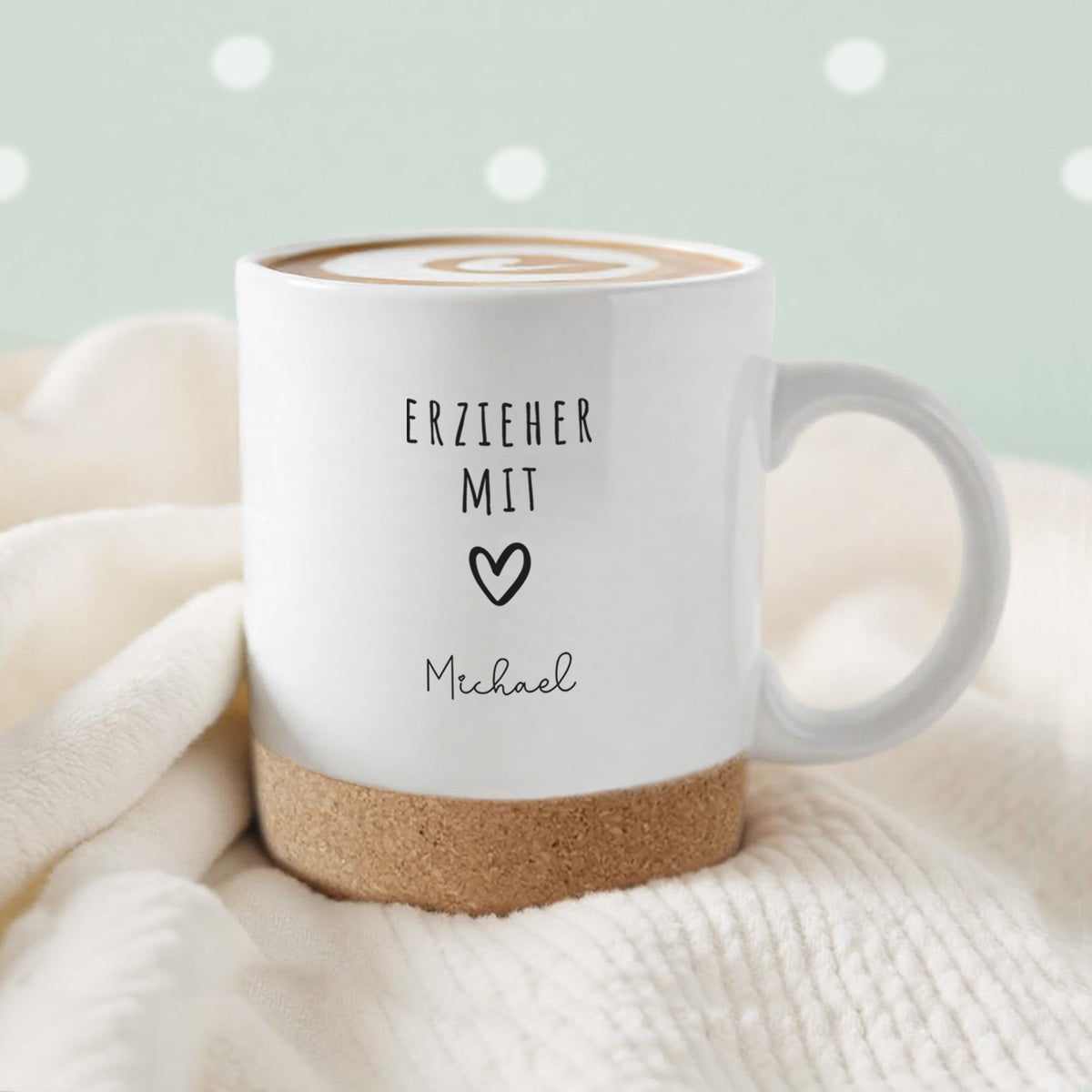 Personalisierte Tasse mit Korkboden und Deckel "Dankeschön" als Abschiedsgeschenk