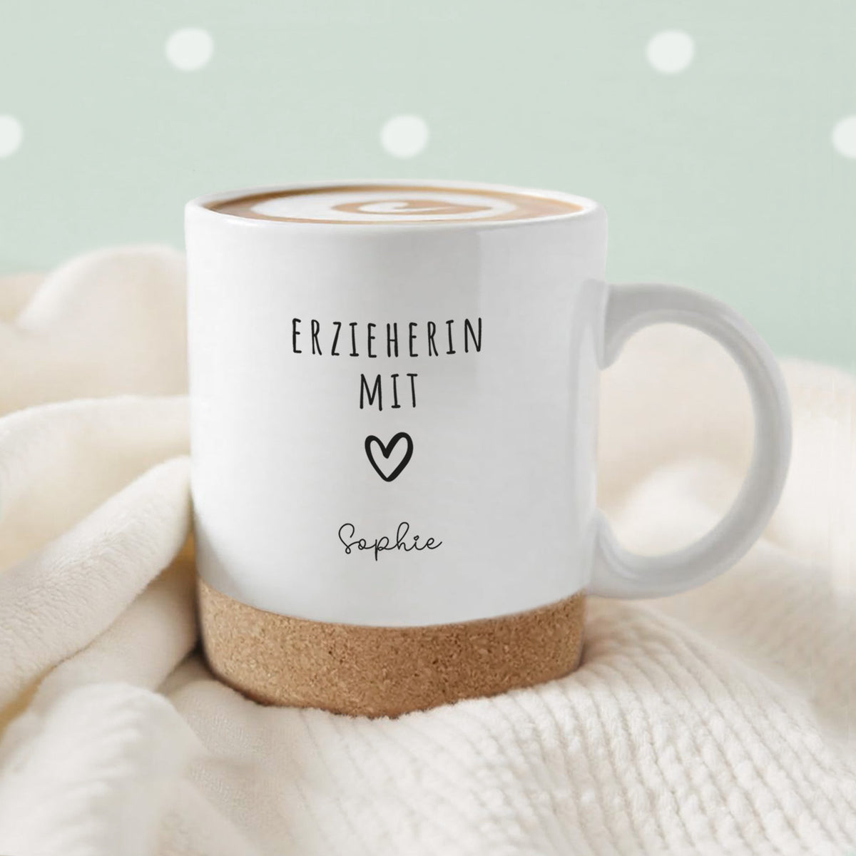 Personalisierte Tasse mit Korkboden und Deckel "Dankeschön" als Abschiedsgeschenk