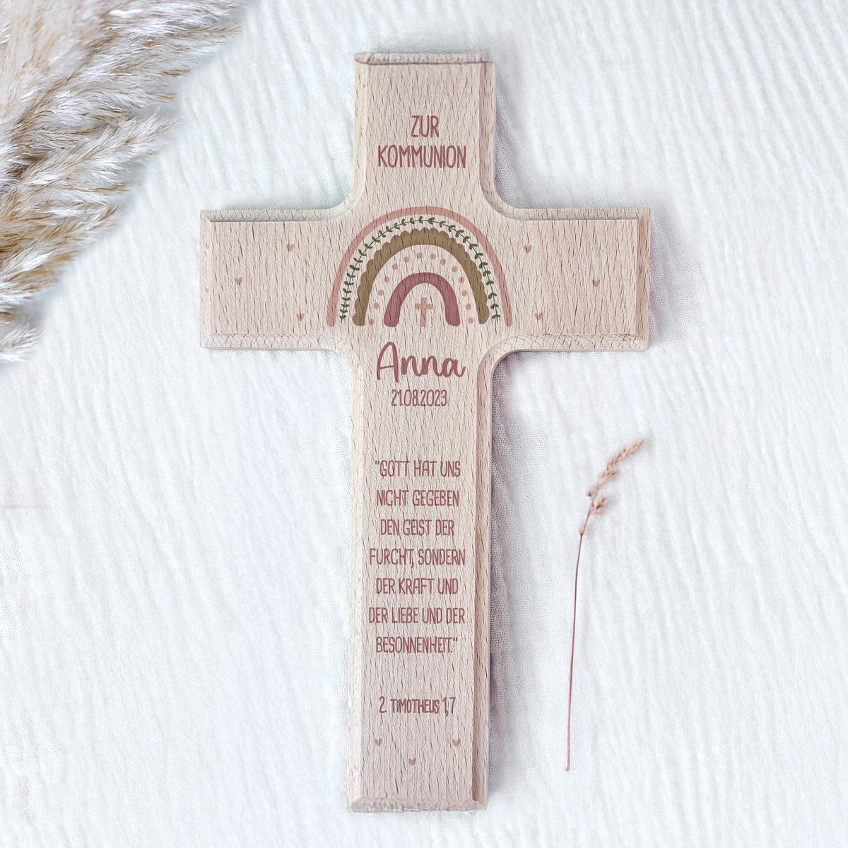 Personalisiertes Kreuz zur Kommunion Aquarell "Regenbogen Rosa"