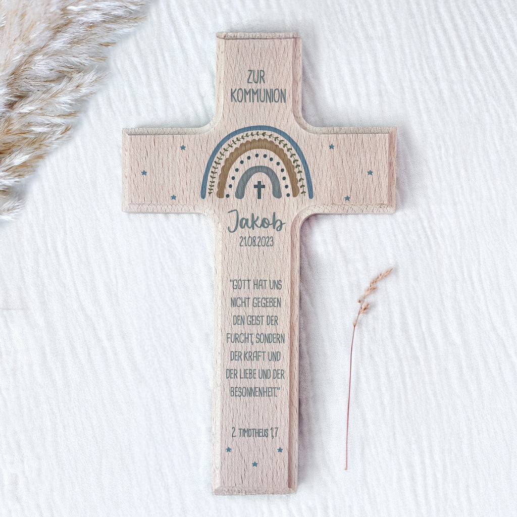 Personalisiertes Kreuz zur Kommunion Aquarell "Regenbogen Blau"