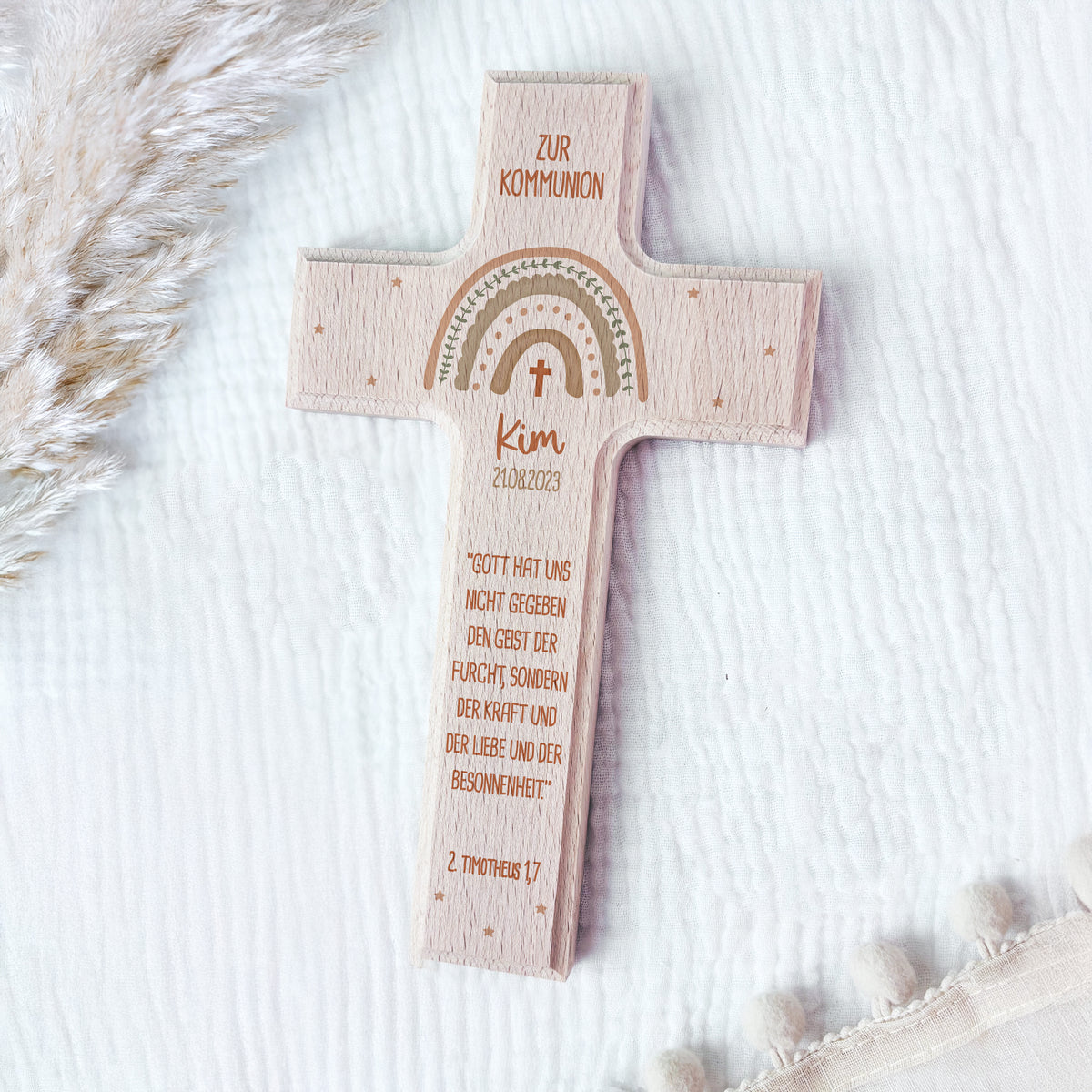 Personalisiertes Kreuz zur Kommunion Aquarell "Regenbogen Beige"
