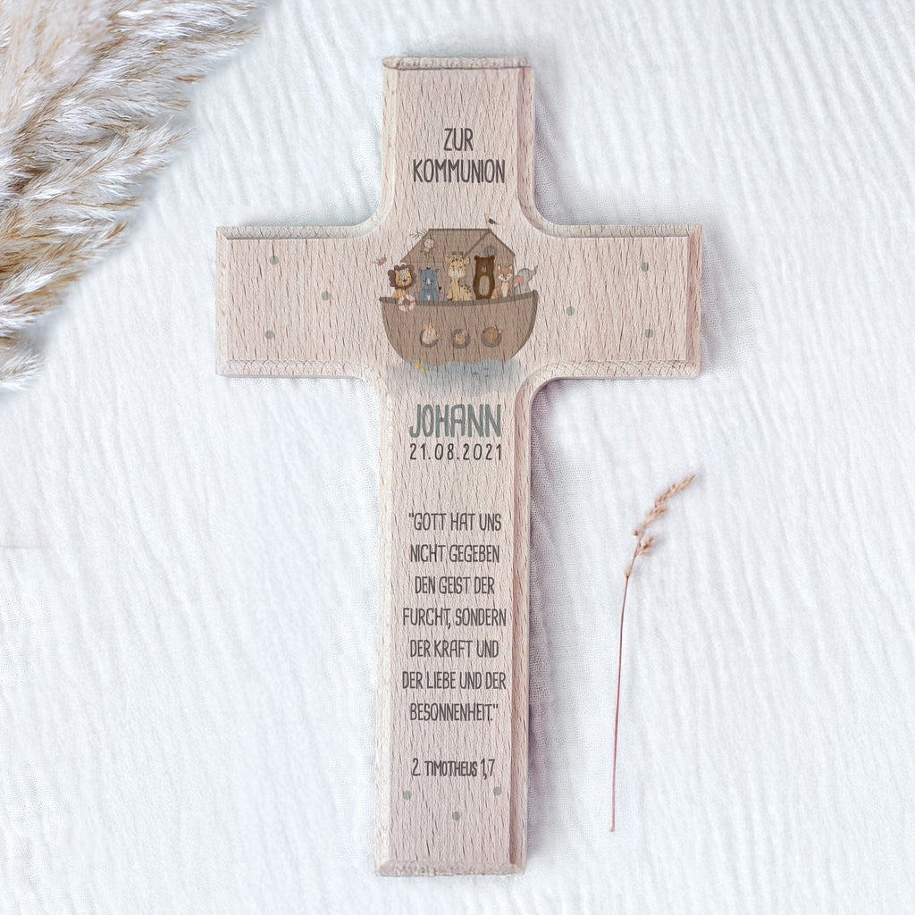 Personalisiertes Kreuz zur Kommunion Aquarell "Arche Noah"