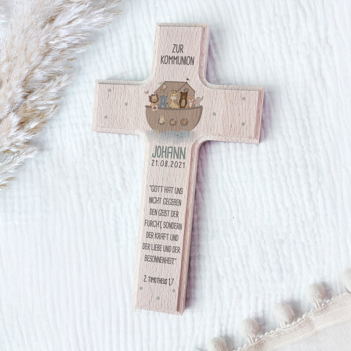 Personalisiertes Kreuz zur Kommunion Aquarell "Arche Noah"