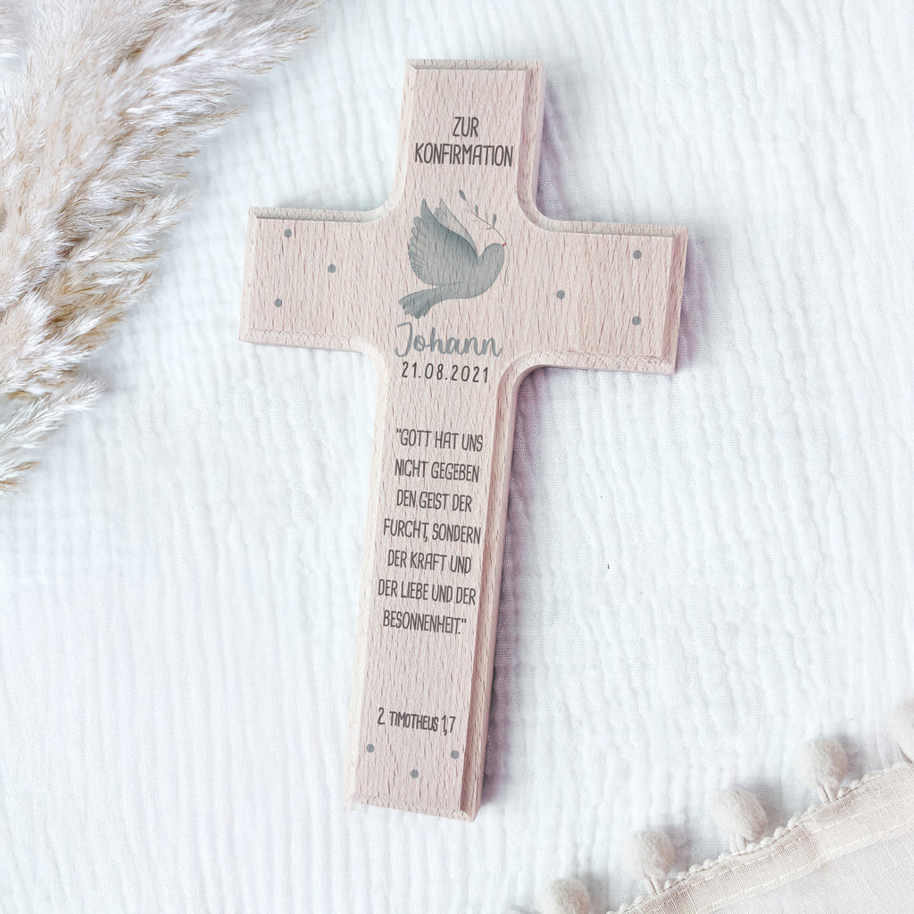Personalisiertes Kreuz zur Konfirmation Aquarell "Taube"