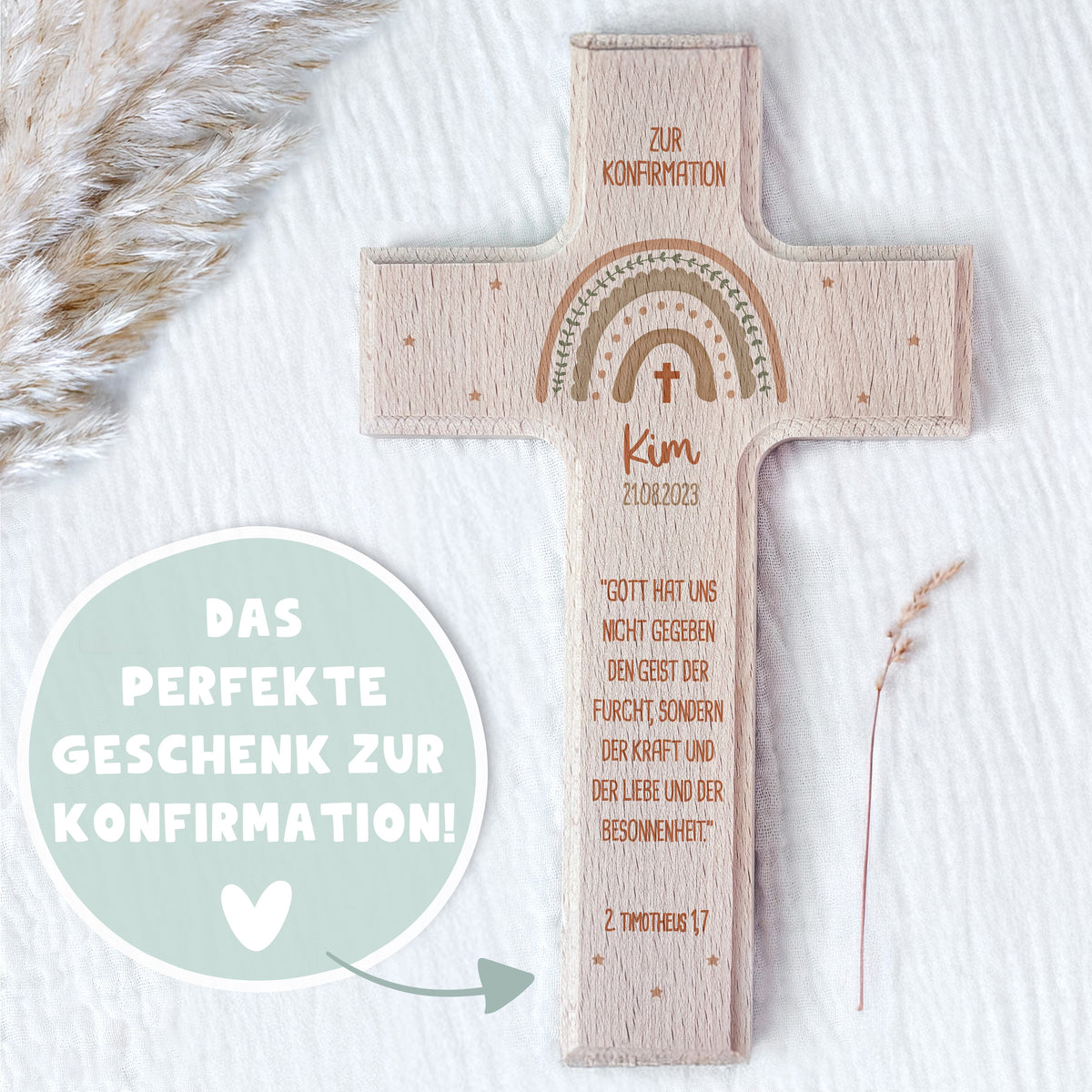Personalisiertes Kreuz zur Konfirmation Aquarell "Regenbogen Beige"