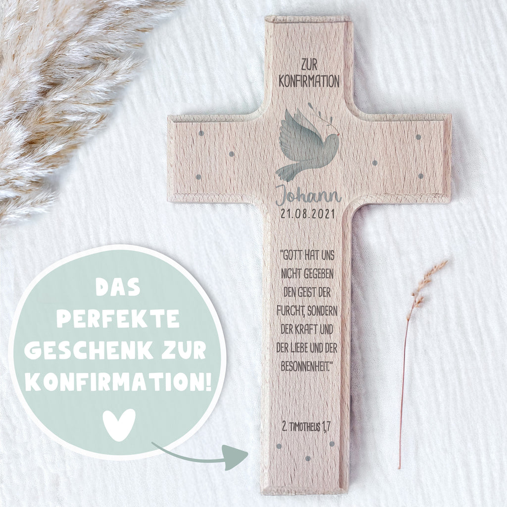 Personalisiertes Kreuz zur Konfirmation Aquarell "Taube"