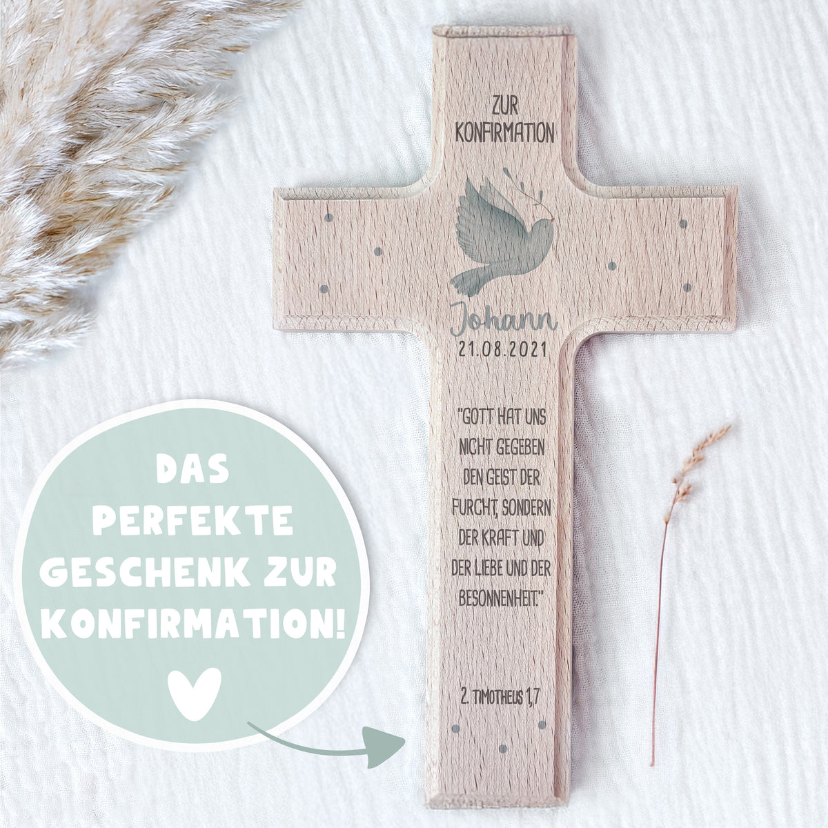 Personalisiertes Kreuz zur Konfirmation Aquarell "Taube"