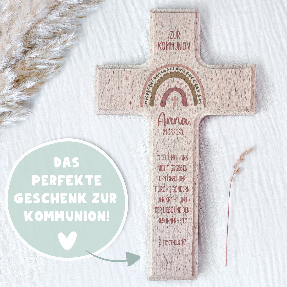 Personalisiertes Kreuz zur Kommunion Aquarell "Regenbogen Rosa"