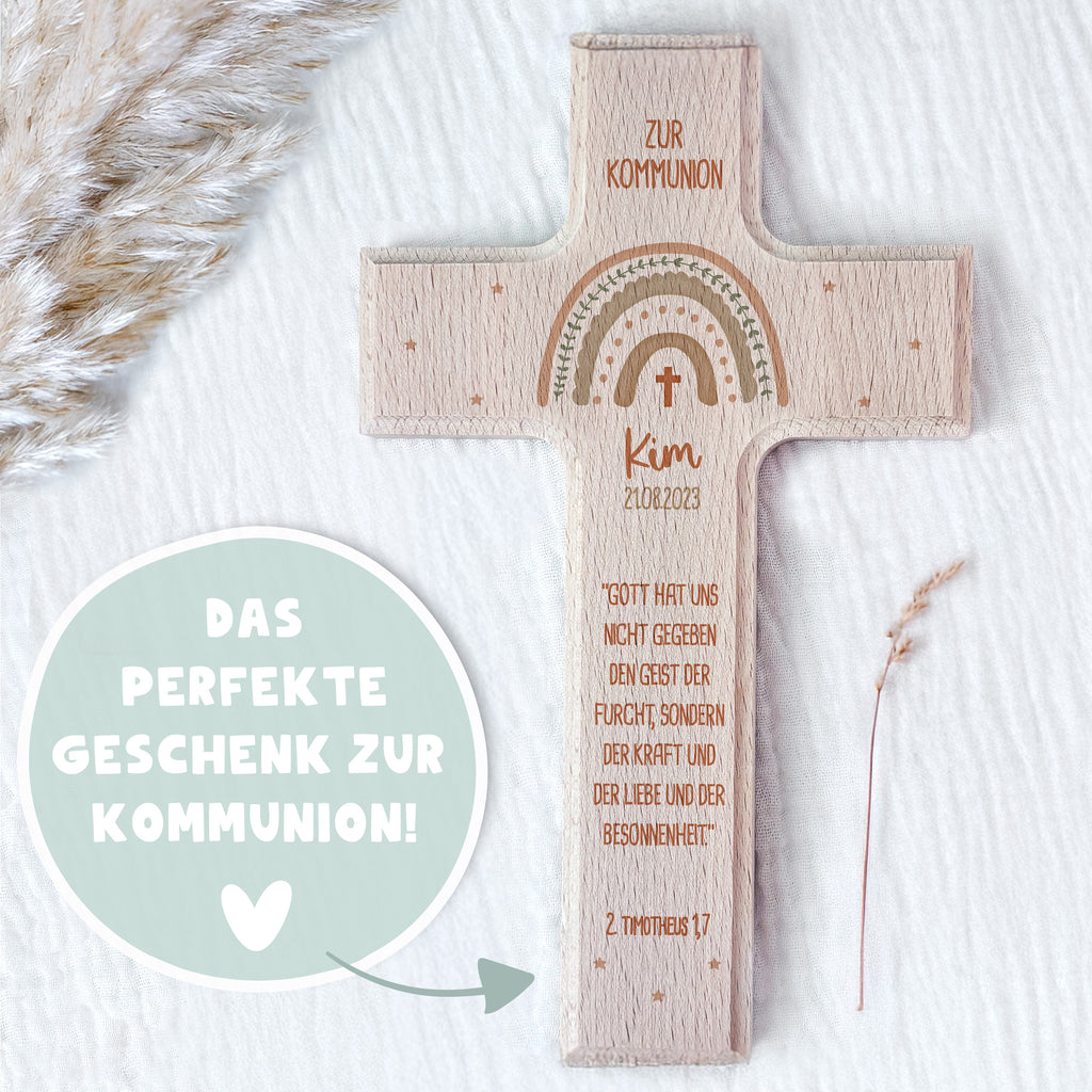 Personalisiertes Kreuz zur Kommunion Aquarell "Regenbogen Beige"