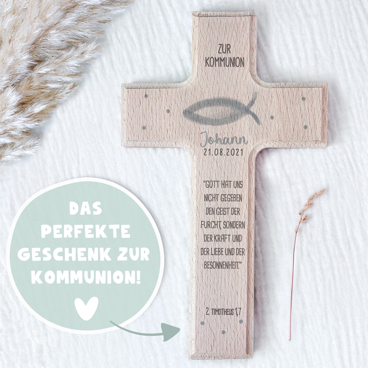Personalisiertes Kreuz zur Kommunion Aquarell "Fisch"