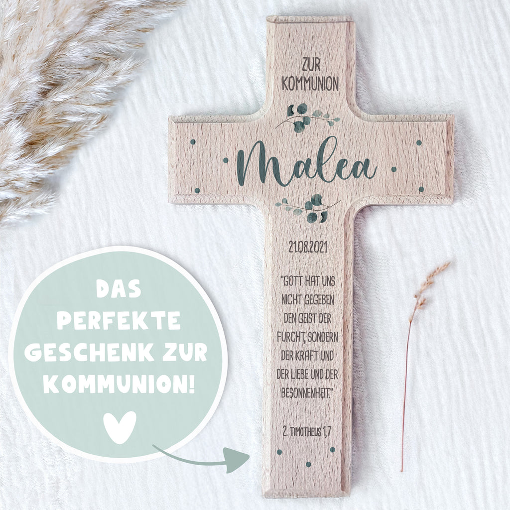Personalisiertes Kreuz zur Kommunion Aquarell "Eukalyptus"