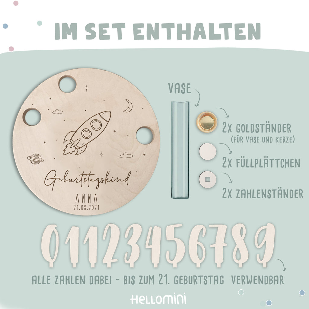 Geburtstagsteller „Rakete“ personalisiert Gravur