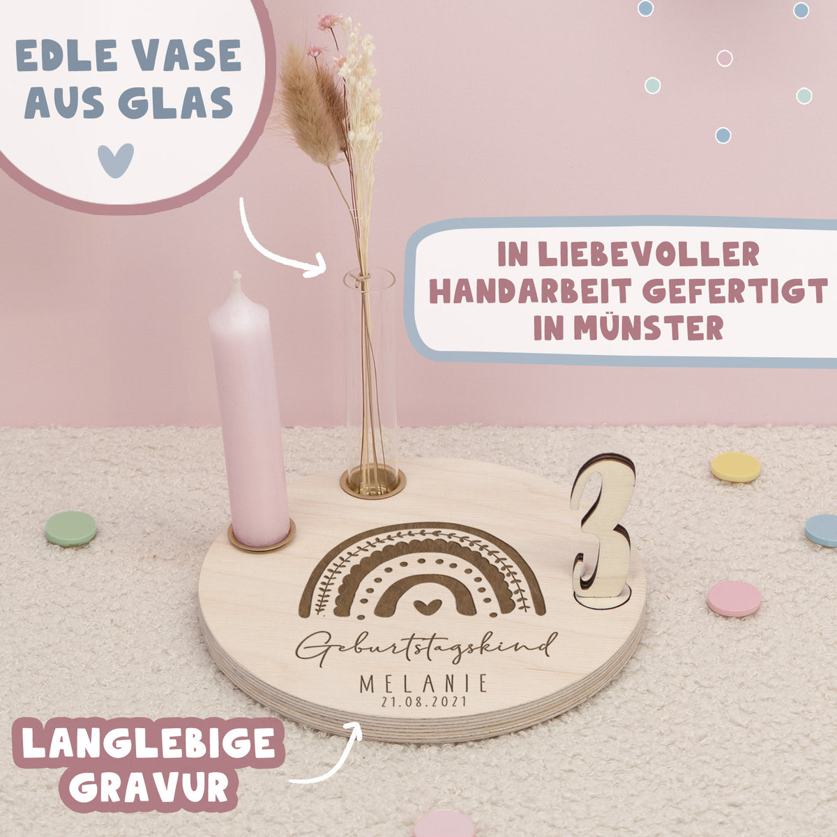 Geburtstagsteller „Regenbogen“ personalisiert Gravur