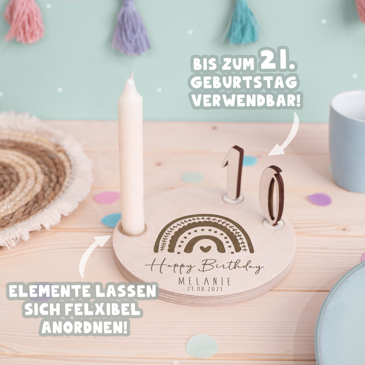 Geburtstagsteller „Regenbogen“ personalisiert Gravur