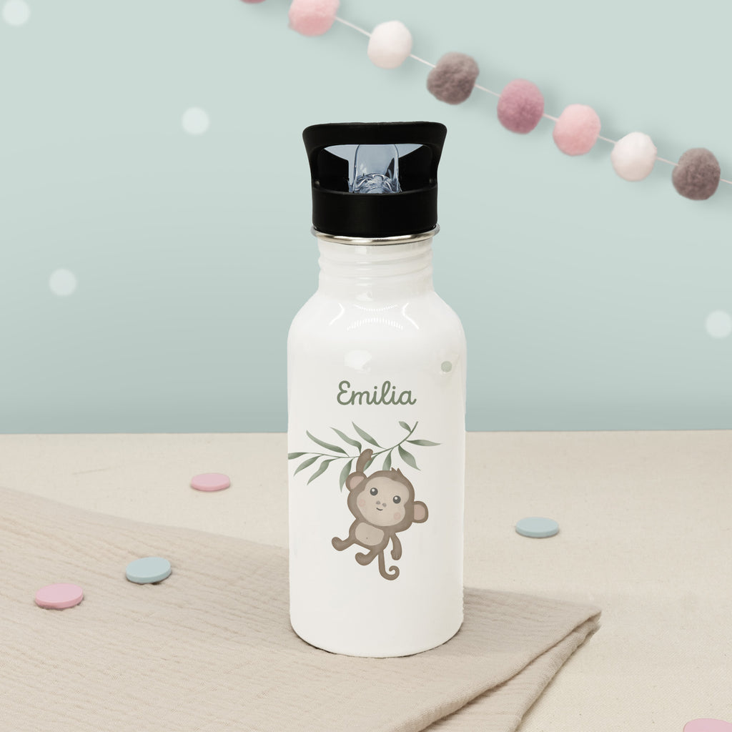 Personalisierte Trinkflasche weiß mit Trinkhalm "Affe"