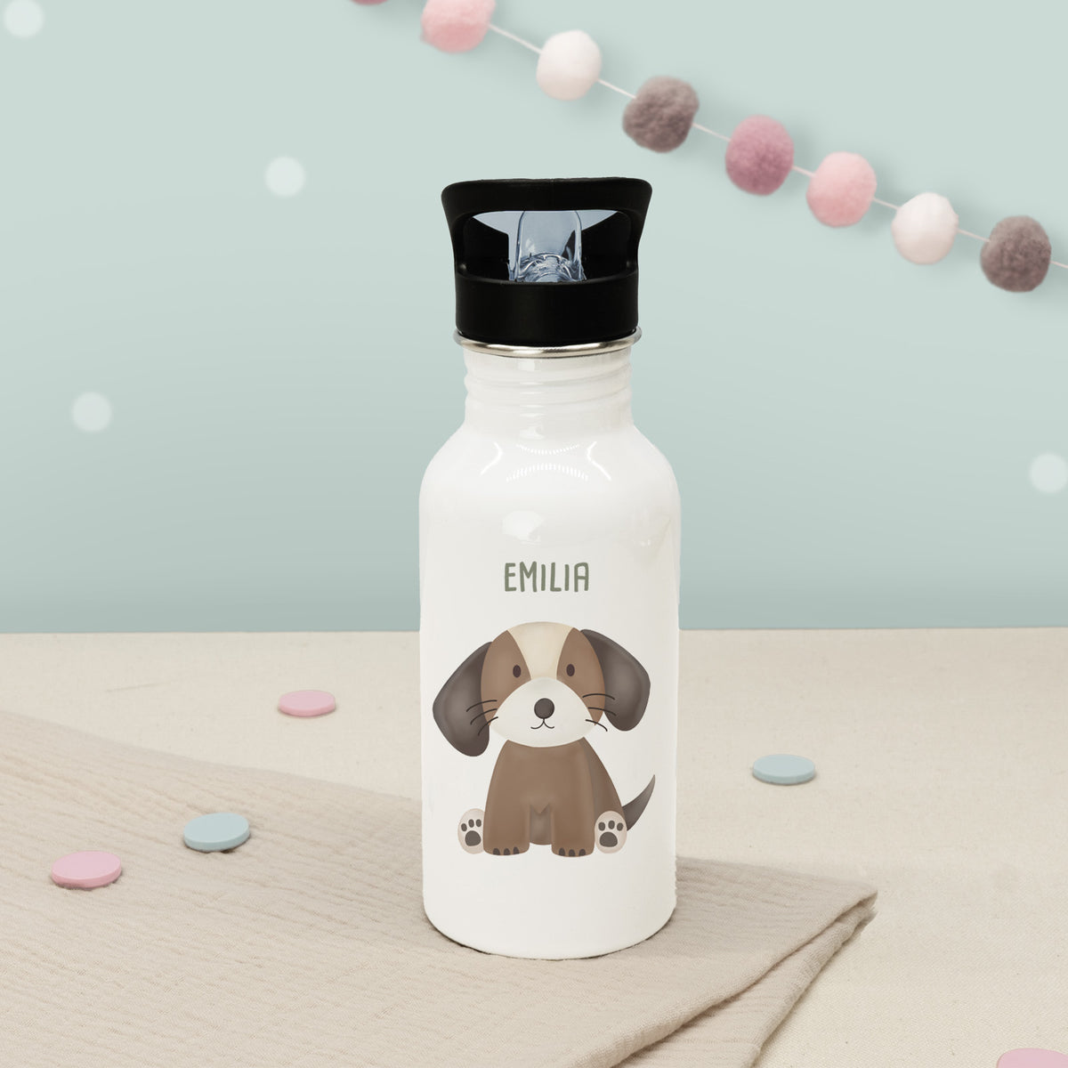 Personalisierte Trinkflasche weiß mit Trinkhalm "Hund"
