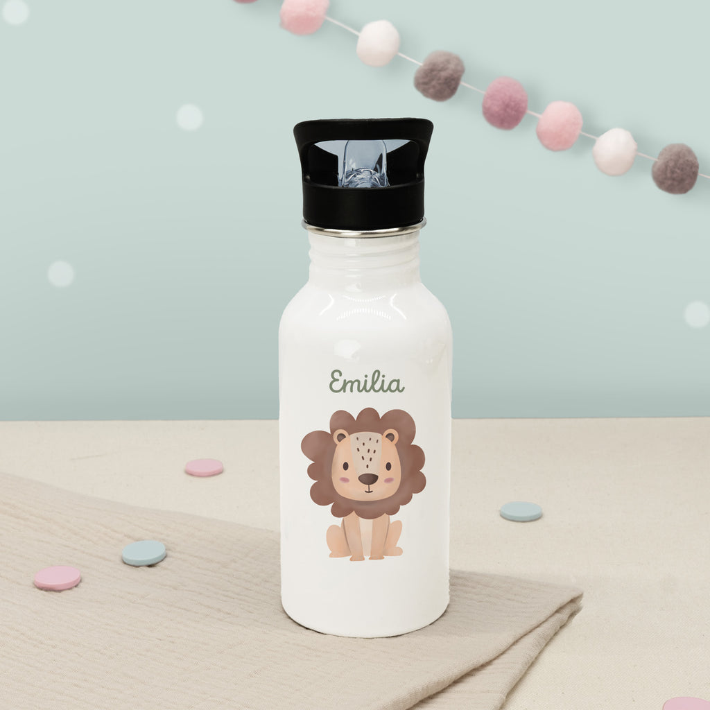 Personalisierte Trinkflasche weiß mit Trinkhalm "Löwe"
