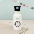 Personalisierte Trinkflasche weiß mit Trinkhalm "Pinguin"