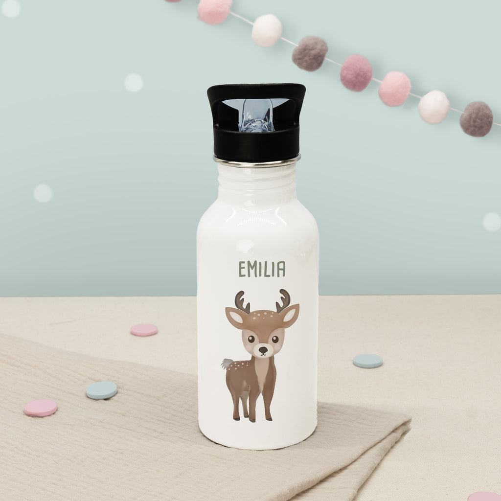 Personalisierte Trinkflasche weiß mit Trinkhalm "Reh"