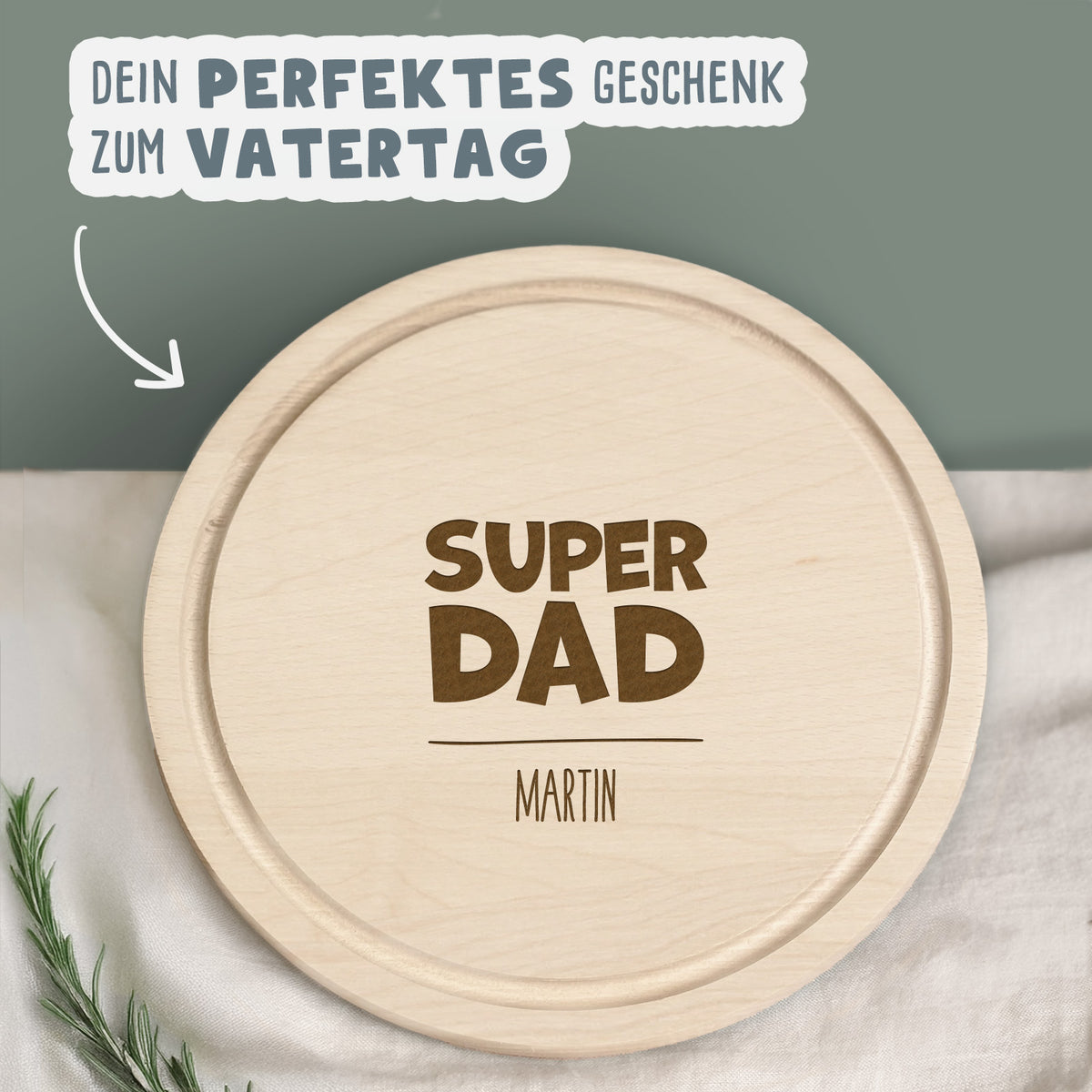Personalisiertes Frühstücksbrettchen Rund Buche "Super Dad" Geschenk zum Vatertag Gravur