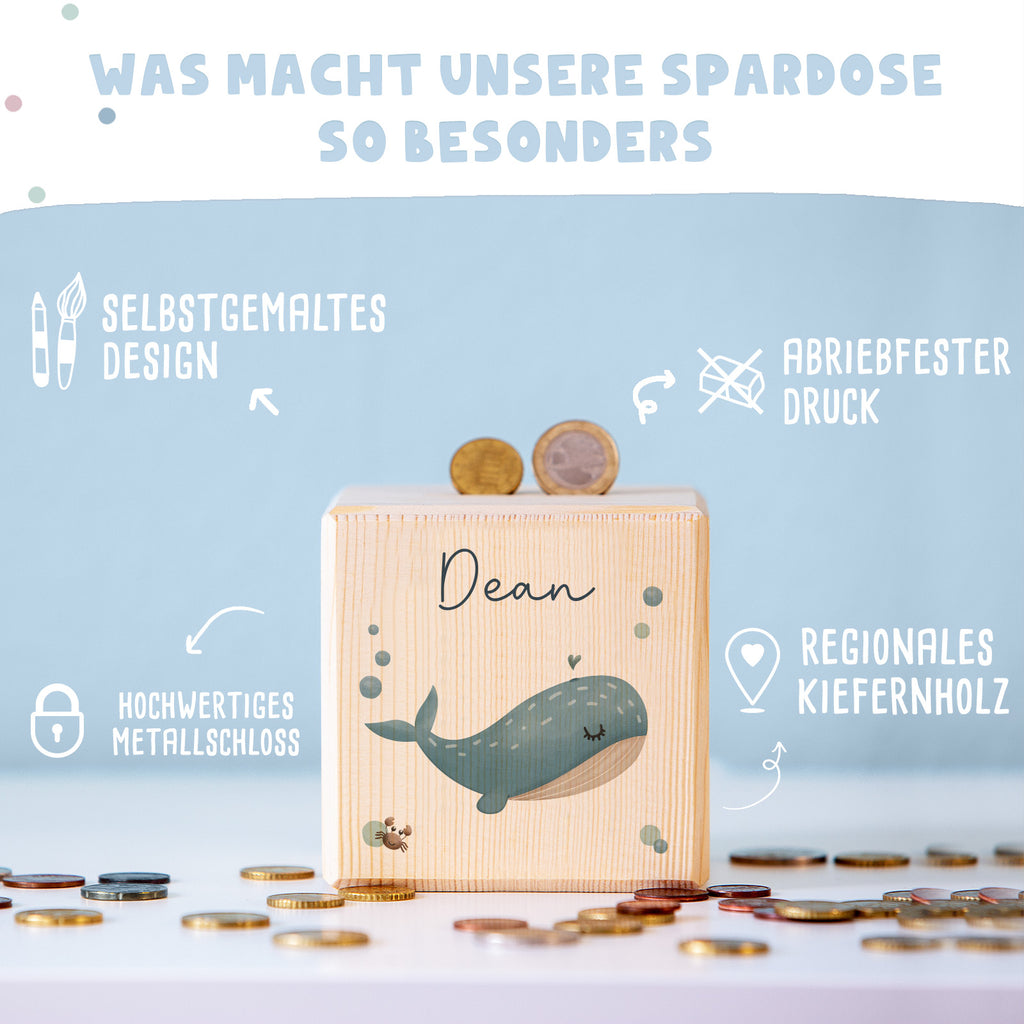 Spardose Würfel "Wal" bunt bedruckt