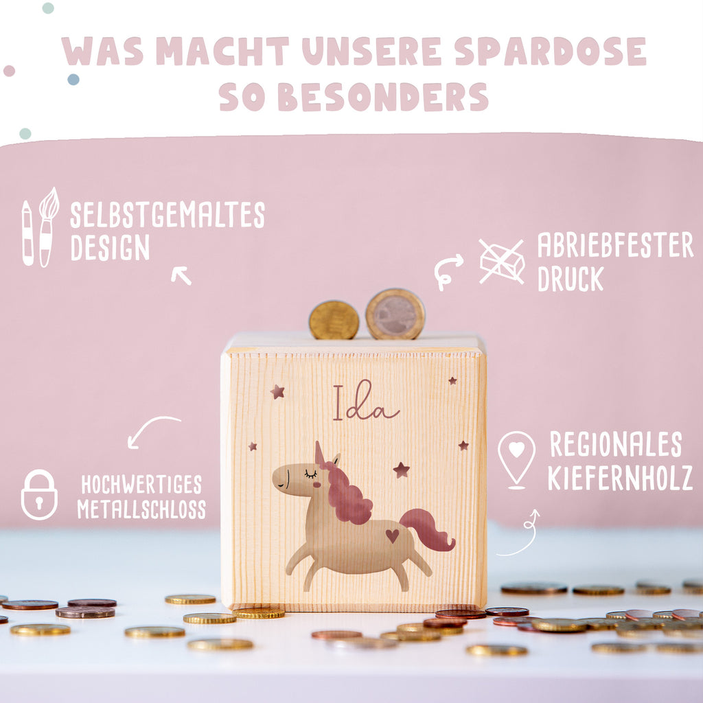 Spardose Würfel "Einhorn" bunt bedruckt