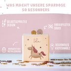 Spardose Würfel "Einhorn" bunt bedruckt