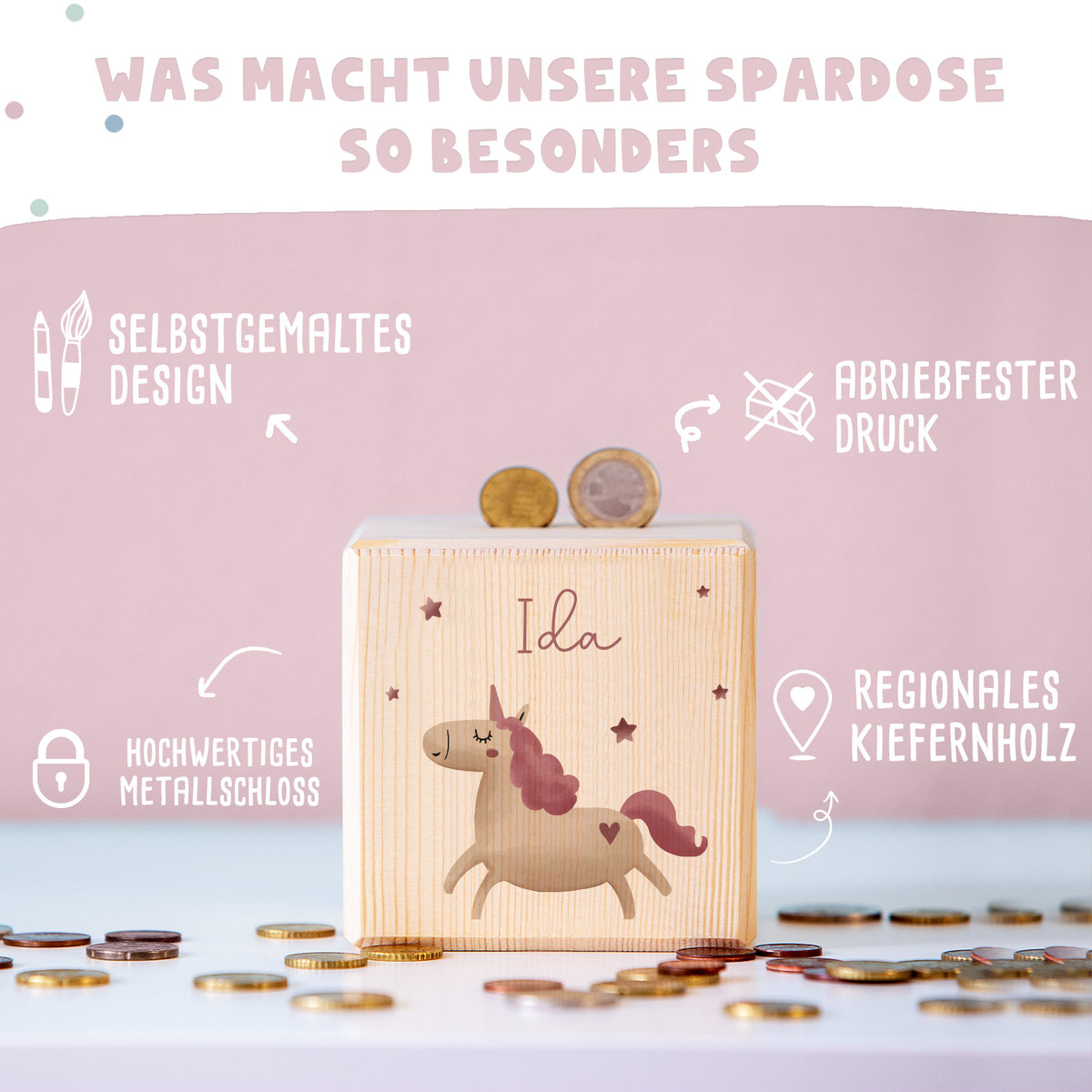 Spardose Würfel "Einhorn" bunt bedruckt