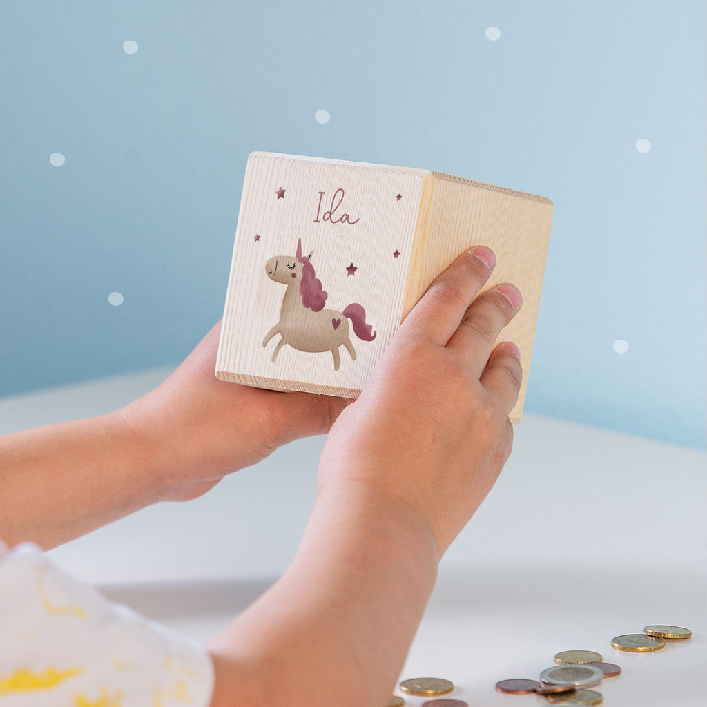 Spardose Würfel "Einhorn" bunt bedruckt