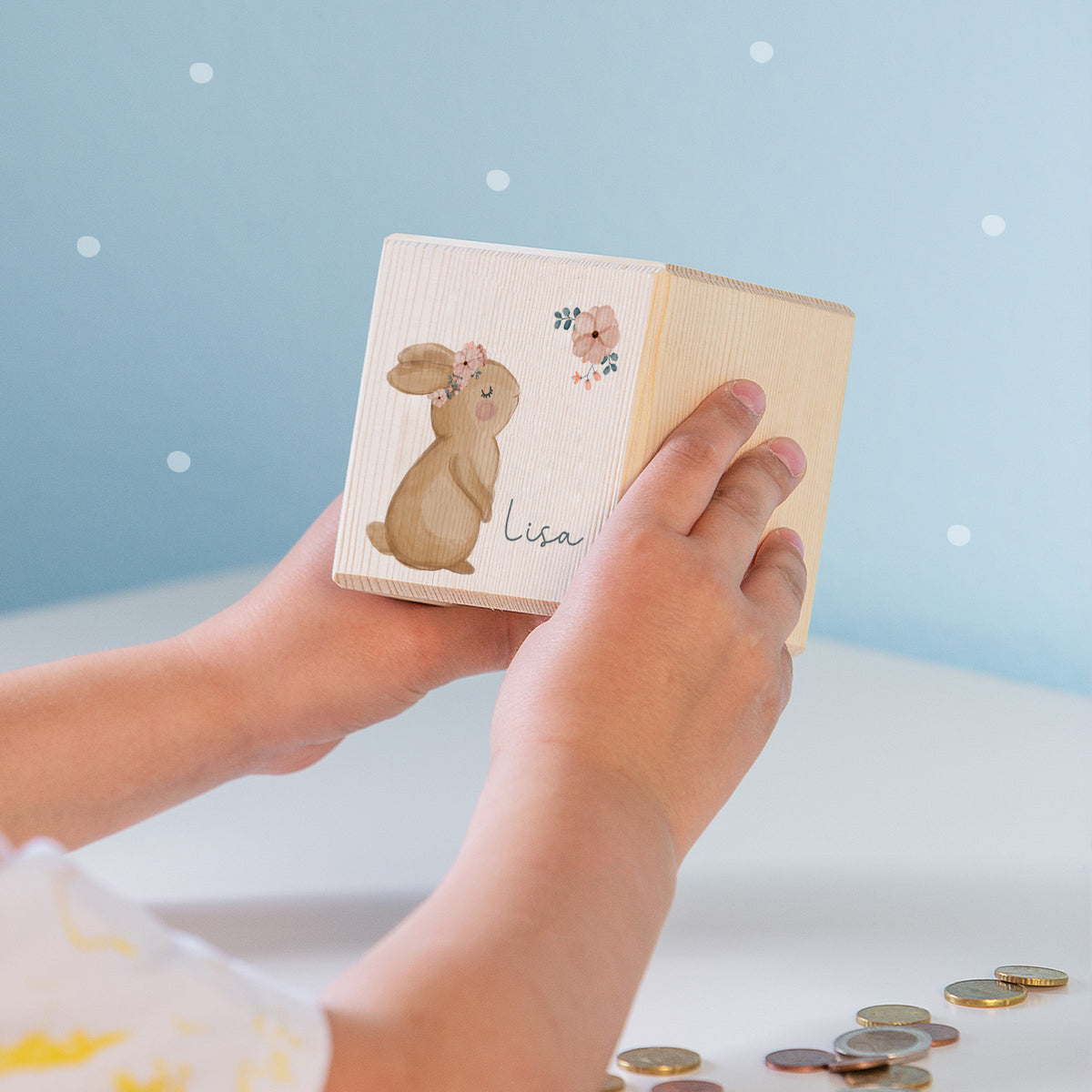 Spardose Würfel "Hase" bunt bedruckt