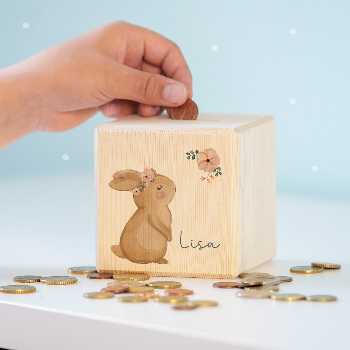Spardose Würfel "Hase" bunt bedruckt