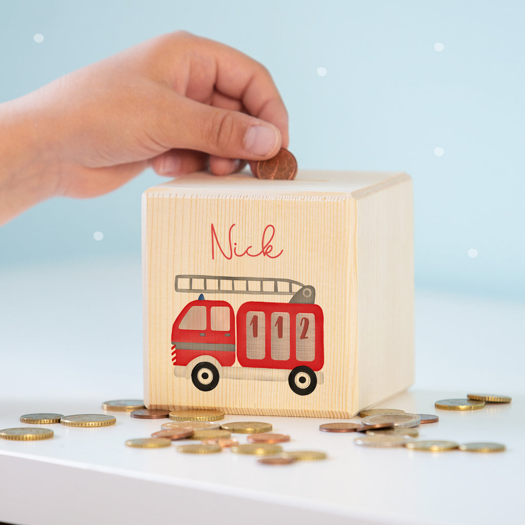 Spardose Würfel "Feuerwehr" bunt bedruckt