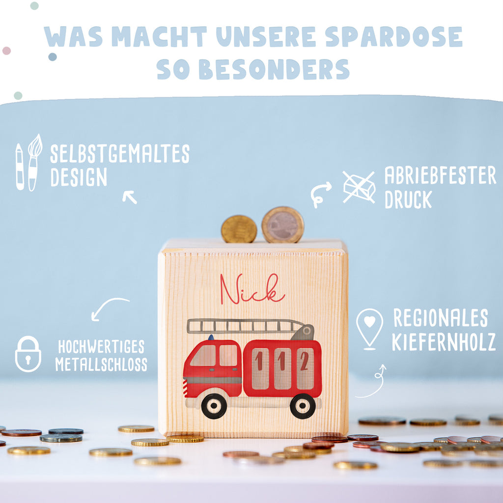 Spardose Würfel "Feuerwehr" bunt bedruckt