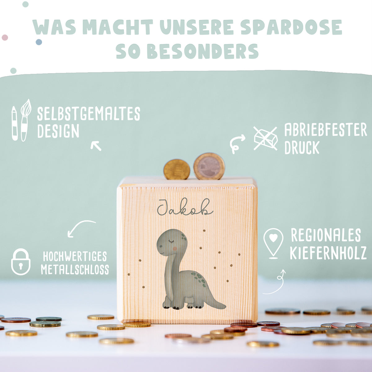 Spardose Würfel "Dino" bunt bedruckt