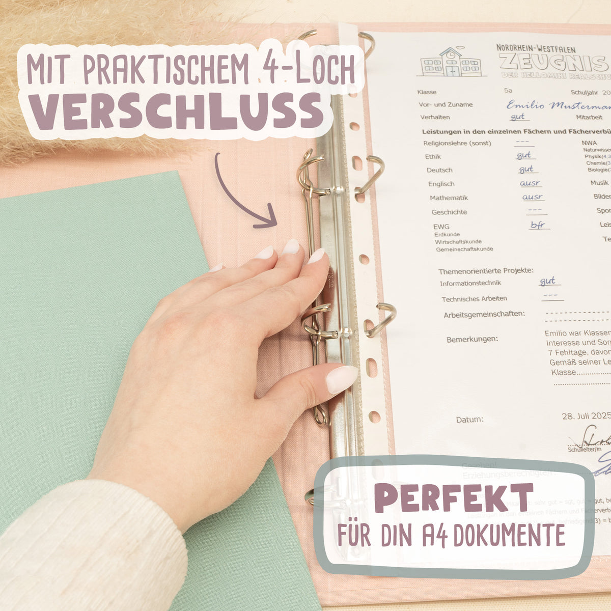 Zeugnismappe Leinen „Kreis Beige“ DIN A4 personalisiert Druck