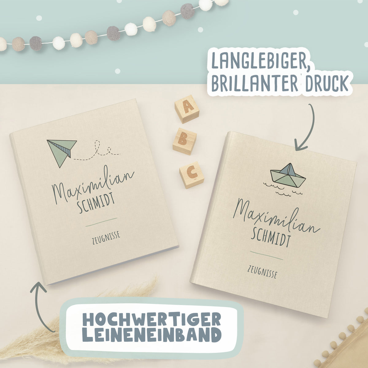 Zeugnismappe Leinen „Kreis Beige“ DIN A4 personalisiert Druck