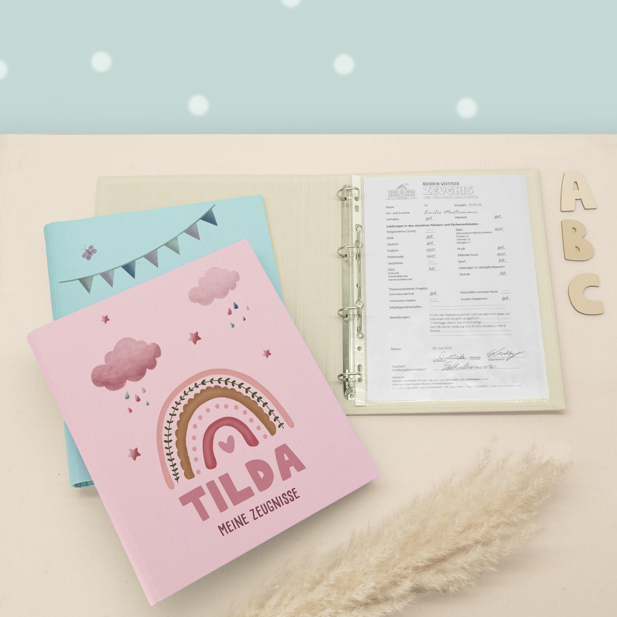 Zeugnismappe Leinen „Regenbogen Rosa A“ personalisiert Druck