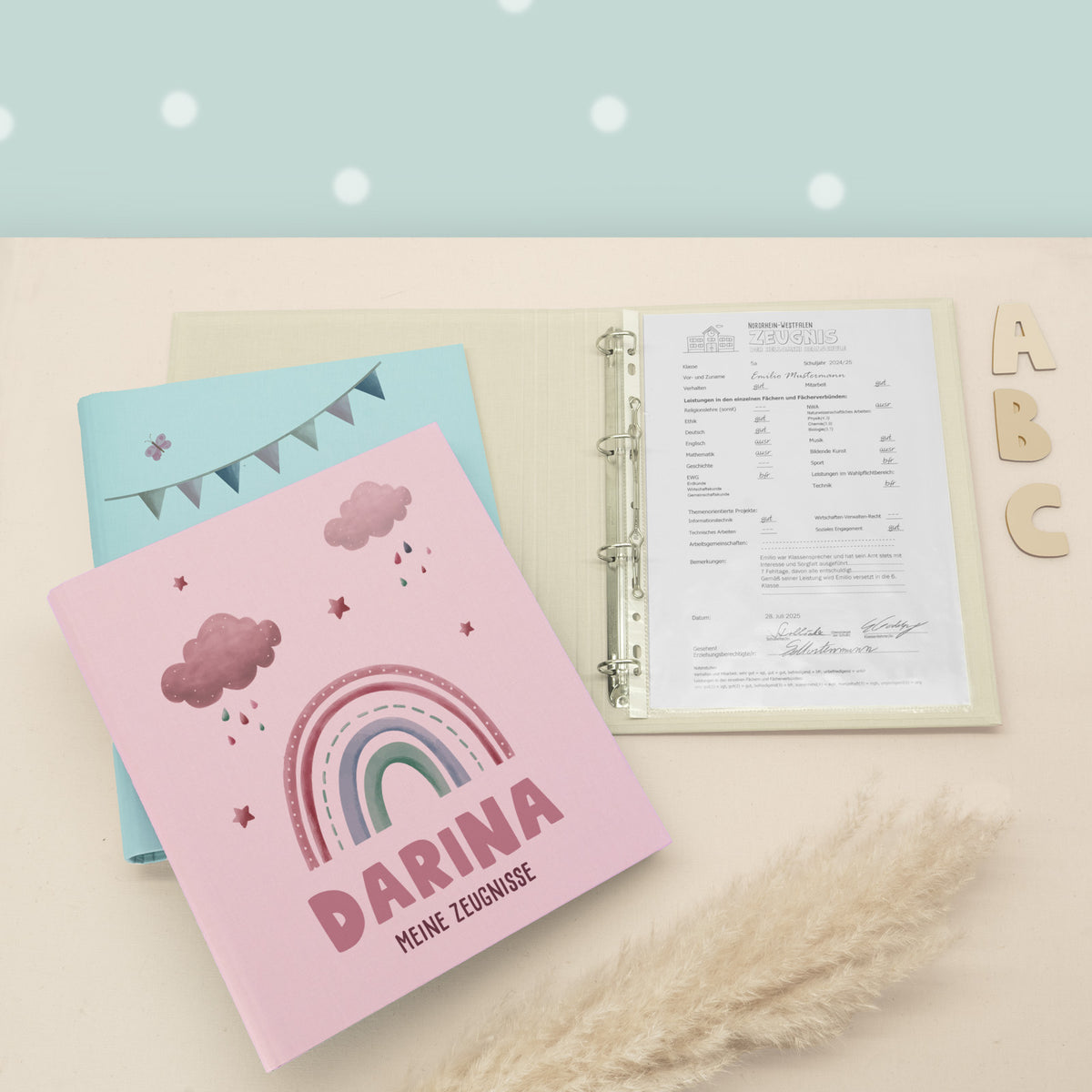 Zeugnismappe Leinen „Regenbogen Rosa B“ personalisiert Druck