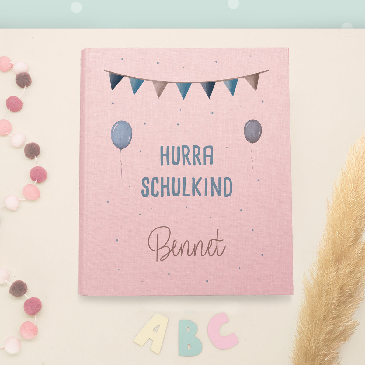 Zeugnismappe Leinen „Hurra Schulkind Blau“ DIN A4 personalisiert Druck
