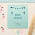 Zeugnismappe Leinen „Hurra Schulkind Blau“ DIN A4 personalisiert Druck