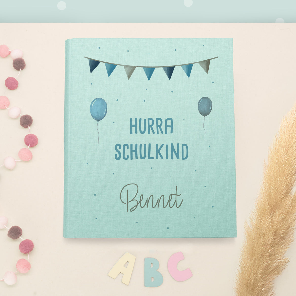 Zeugnismappe Leinen „Hurra Schulkind Blau“ DIN A4 personalisiert Druck